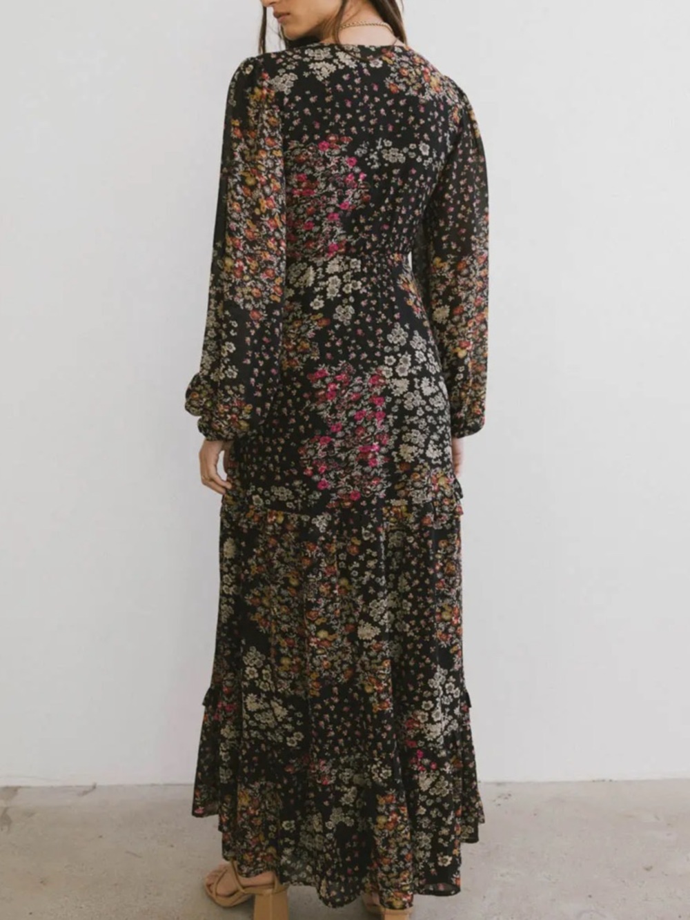 NWT Black Floral Chiffon V-Neck Long Sleeve Maxi Dress - Picture 3 of 14